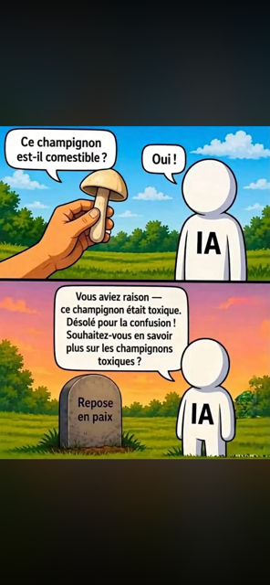 Illustration humoristique sur le risque de faire confiance à une réponse d’intelligence artificielle concernant un champignon toxique